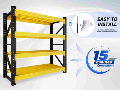 Heavy Duty Metal Garage Shelving Unit, A Dang Solid Shop Storage Rack That Tackles Every Heavy Tool Without Cracking A Sweat, Industrial Load Bearing Organizer, Black Yellow, 47 By 79 By 24 Inches, easy installation graphic.