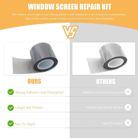 Comparison of Window Screen Repair Kit 2 Inch By 16.5 Feet With 3 Layer Fiberglass Mesh Tape versus a competitor, highlighting adhesive and ease of use.
