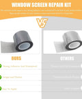 Comparison of window screen repair kit with strong adhesive and waterproof features on left vs. weaker option on right.