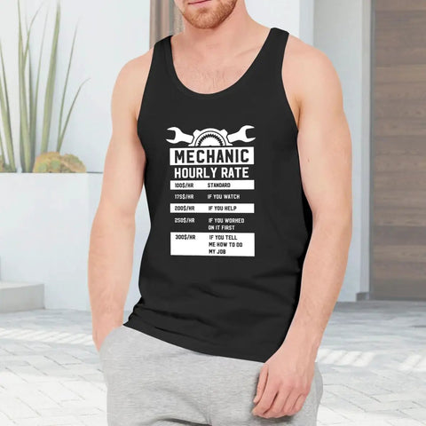 Men's Premium Cotton Tank Top Featuring Mechanic Hourly Rate Graphic, sleeveless, worn by a man in a modern interior.