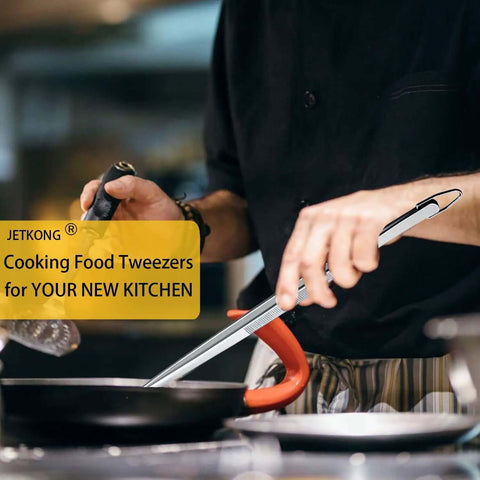 Two Pack 12-Inch Kitchen Tweezers Set, Extra Long Stainless Steel Fine Tweezer Tongs for cooking and flipping hot food on stovetop.