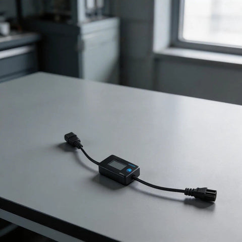 Hella Precise EV Charger Analyzer 8 To 120 Volts And 0 To 10 Amps on a gray table, showing LCD and cables for monitoring EV charging.