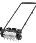 18 Inch Heavy Duty Push Spike Lawn Aerator With Four Wheels Steel Handle Foam Armrests Manual Aerator For Easy Lawn Garden And Yard Care Star Shaped 8 Inch Spikes With Shims For Deep Soil Penetration