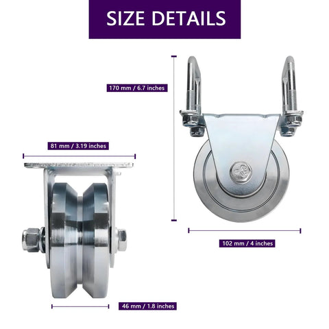 Dimensions of heavy duty V-groove gate wheel with bracket, 4-inch diameter for sliding gates.