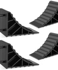 4 Pack Tough Wheel Chocks For RV Trailer And Truck Non Slip Hard Plastic Tire Blocks With Handles, front and side view