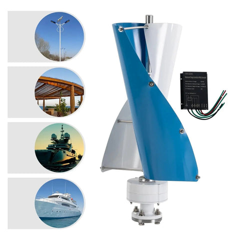 Portable Vertical Axis Wind Turbine Generator 12V 24V, 100W Max Power IP67 Weatherproof with blue and white blades