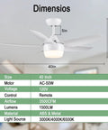 Dimensions of white 40 inch ceiling fan with lights and remote, modern 5 blade design, noiseless motor, ideal for indoor spaces