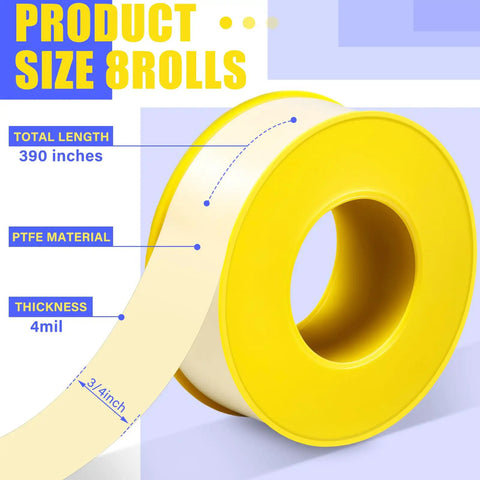 Extra Wide Three Quarter Inch Gas Tape, 390 Inch Long, Four Mil PTFE Thread Sealant, Yellow Color Gas Seal Tape Roll