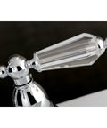 Close-up of handle on 4 Inch Centerset Bathroom Faucet Polished Chrome Drip Free Ceramic Disc Cartridge Deck Mount 3 Hole Installation