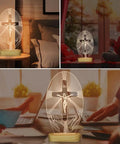 Jesus Cross Night Light USB Powered Cozy Bedside Lamp for Home Decor, glowing beside bed and on windowsill.
