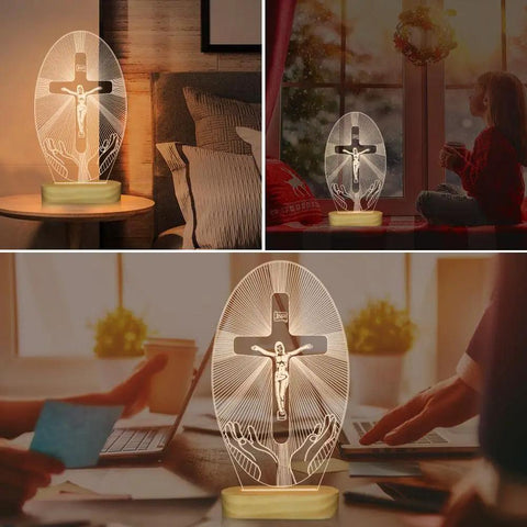 Jesus Cross Night Light USB Powered Cozy Bedside Lamp for Home Decor, glowing beside bed and on windowsill.