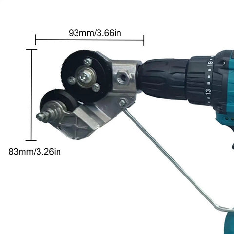 Portable Electric Metal Cutter Drill Attachment For Smooth Sheet Metal Roofing Ductwork Aluminum Siding Thin Steel Trimming, side view with dimensions.