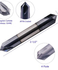 Angled view of double-ended solid carbide chamfer end mill, AlTiN coated, 4-flute, 3/8 dia, 3/8 shank, 2-1/2 length