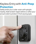 Top Shelf Z Wave Deadbolt Smart Lock with keyless entry and anti-peep protection, showcasing a user pressing a code on the lock.
