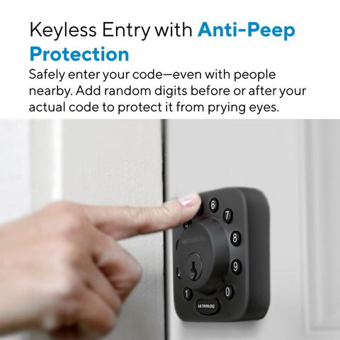 Top Shelf Z Wave Deadbolt Smart Lock with keyless entry and anti-peep protection, showcasing a user pressing a code on the lock.