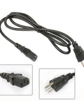 Black power cord with two-prong plug and socket connectors, suitable for various electronic devices, coiled wire view