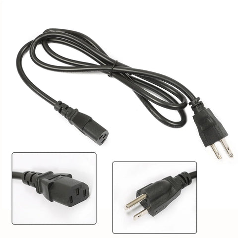 Black power cord with two-prong plug and socket connectors, suitable for various electronic devices, coiled wire view