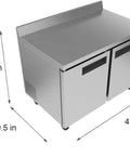 Built Tough 48 Inch Stainless Steel Commercial Worktop Freezer With Dual Doors And Sturdy Backsplash, 38.75 in height, 47.25 in width.
