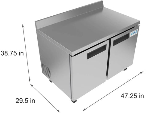 Built Tough 48 Inch Stainless Steel Commercial Worktop Freezer With Dual Doors And Sturdy Backsplash, 38.75 in height, 47.25 in width.