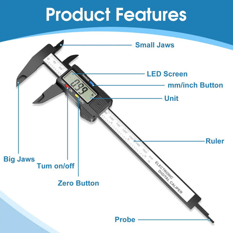 Beefy Digital Caliper Measuring Tool 0 To 6 Inch Electronic Caliper With Large LCD Screen showing features diagram