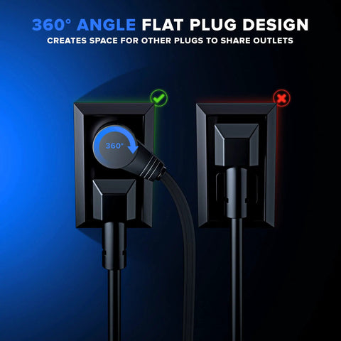 360 Degree Rotating Flat Plug Extension Cord With 3 Outlets For Home Office And Travel, 2 Ft, 16 Gauge Three Conductor, Grounded