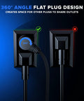 360 Degree Rotating Flat Plug Extension Cord showing space-saving angled plug design for home or office use, black.