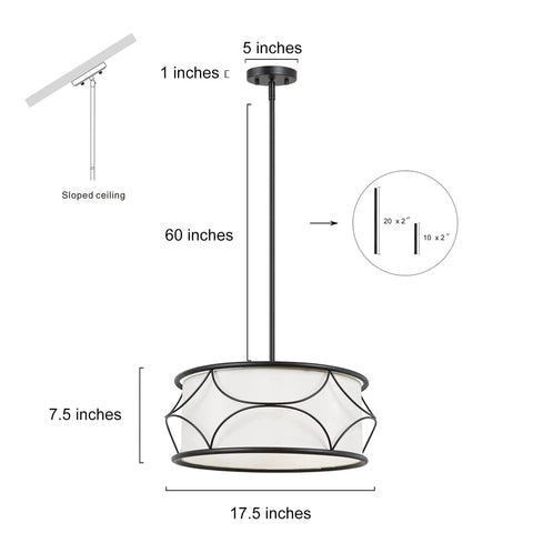 Dope Modern Drum Chandelier Pendant Light With Black Metal Frame And Fabric Shade For Kitchen Island And Dining Room 3 Light Fixture Farmhouse Modern Vibe Easy Install 17.5 Inch Diameter with dimensions.