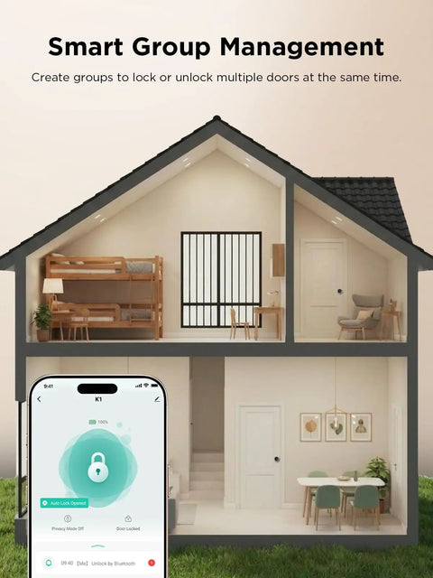 Big Time Smart Door Knobs Deliver Lightning Fast 0.3 Second Fingerprint Login And App Controlled Keyless Entry Automated Deadbolt Lock No Hassle Install For Homes And Rentals showcased in a smart home graphic with phone app.