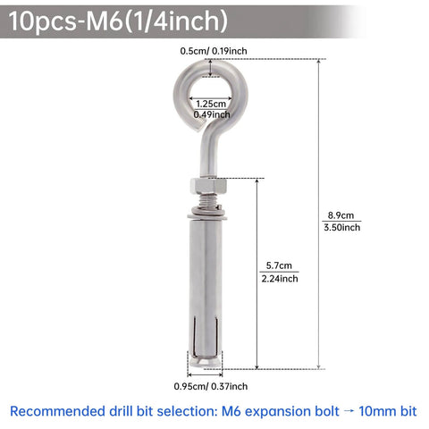 10 Pack M6 89mm Concrete Eye Bolts Stainless Steel Wall Eyebolts Concrete Shoulder Brick Anchors Built Tough Heavy Duty Expansion Screw Lifting Ring Fasteners for Lifting Anchoring and Hanging Projects