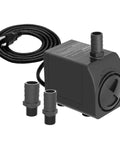 Ultra Quiet Submersible Pump 300GPH With Overheat Protection, compact design, with power cord and attachments for fountains, ponds.