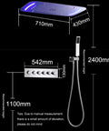 Straight Up Luxury Ceiling Mount Shower System With Remote Led Head And Mist Waterfall Spray Boasting Smart Temp Control And Heavy Duty Rust Proof Body For No Sweat Game Changer Spa Vibes dimensions showing 710mm shower head and 542mm control panel.