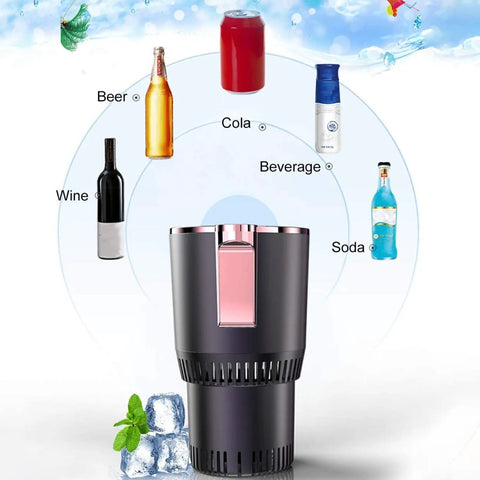 Dual Power Car Cup Warmer And Cooler Fridge Insert For Coffee Soda Beer Maintains Chill Or Heat On The Fly, showing drinks like beer and soda.