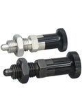 Built Tough Self Locking Plunger Pin With Slick Fine Thread Indexing Positioning Knob showing two sizes, stainless steel and black finish.
