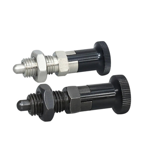 Built Tough Self Locking Plunger Pin With Slick Fine Thread Indexing Positioning Knob showing two sizes, stainless steel and black finish.