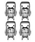 Four Pack Tough As Nails 304 Stainless Steel Groove Caster Wheels For Sliding Gates And Rolling Doors With Quiet Bearings That Glide Smooth U V H Style Track 3 Inch Heavy Duty close-up view of caster wheels with grooved rims.