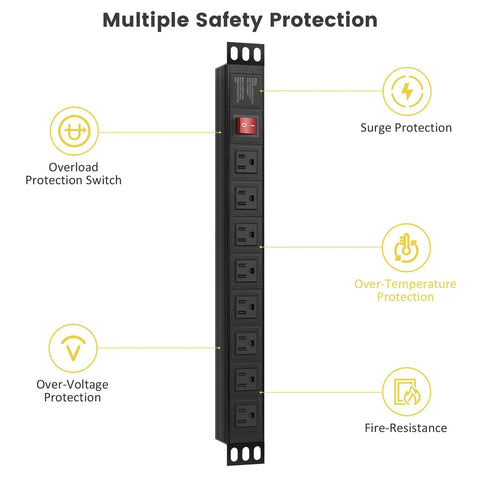 Eight Outlet Rack Mount Power Strip With Wide Spaced Sockets, 1U Server Rack Surge Protector showing multiple safety protections