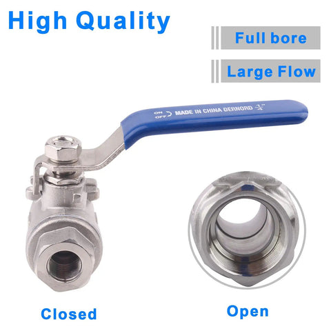 Full Port Stainless Steel 304 Ball Valve Heavy Duty for Water Oil and Gas with Blue Vinyl Insulated Locking Handles One Quarter Inch NPT