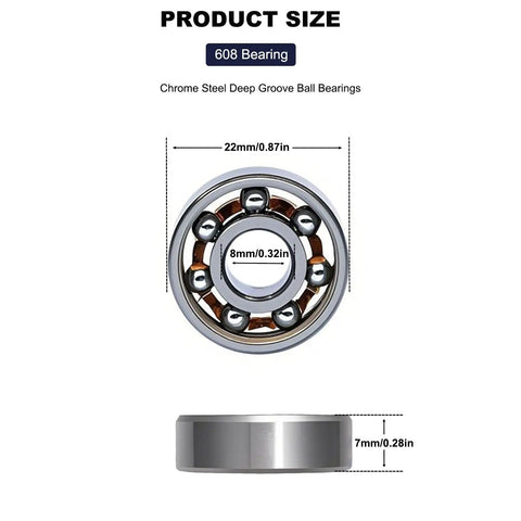 Front view of 100 Pack 608 Ball Bearings High Precision Deep Groove Bearings For Fidget Spinners Smooth Low Friction Spin, size details