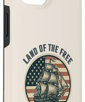 All American Flag Sailboat iPhone 14 Case With Patriotic Nautical Vibe For The 4th Of July, showing vintage ship and USA flag