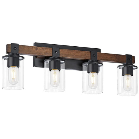 Farmhouse Rustic Vanity Light Over Mirror 4 Light Industrial Wall Sconce With Clear Glass Shades Vintage Wood Accents Black Finish