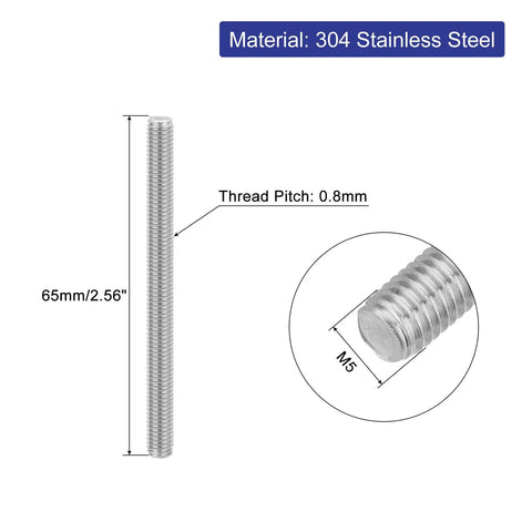 8 Pcs Fully Threaded Rod Set M5 x 65mm Stainless Steel 304 Right Hand Thread Bar Studs, 0.8mm Pitch diagram view
