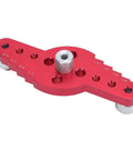Premium Aluminum Self Centering Dowel Jig Kit Featuring Stainless Guiding Rings. Close-up of the red aluminum dowel jig with guiding holes.