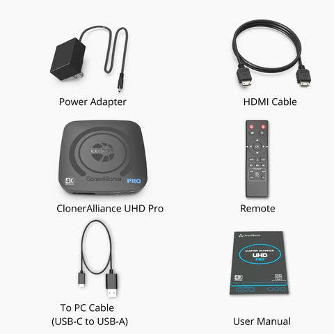 4K HDMI Capture DVR With H.265/H.264, Standalone 4K60 Passthrough, Cinematic 24fps Up To 30fps Recording, Pause And Resume, Records To USB Drive Or TF Card, No PC Needed, Plug And Play HDMI Output accessory kit with power adapter, HDMI cable, remote, USB-C cable, and manual