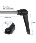 Top Shelf Two Pack Black Clamping Lever Handles With M8 Thread And Snappy Quick Release Button For Fast Machine Setup And Solid Workpiece Holding, showing 50mm M8 thread and 62mm lever length.