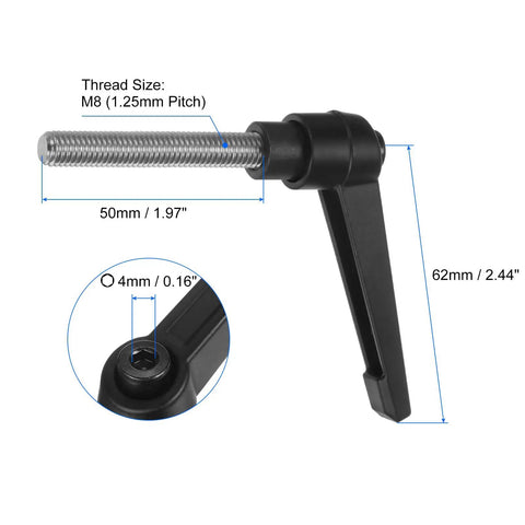 Top Shelf Two Pack Black Clamping Lever Handles With M8 Thread And Snappy Quick Release Button For Fast Machine Setup And Solid Workpiece Holding, showing 50mm M8 thread and 62mm lever length.