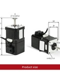 Front and side views of a 12V NEMA17 brake stepper motor, black body with silver mounting flange and white connector