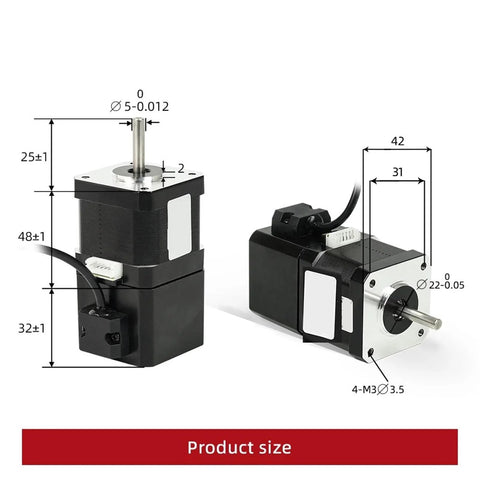 Front and side views of a 12V NEMA17 brake stepper motor, black body with silver mounting flange and white connector
