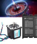 Front view of black Nema 23 stepper motor with color-twisted cables beside a black driver module.