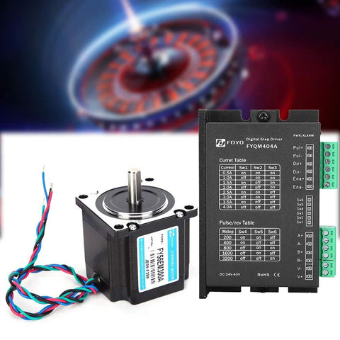 Front view of black Nema 23 stepper motor with color-twisted cables beside a black driver module.