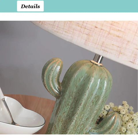 Close-up of Cactus Desk Lamp With Fabric Lampshade And Sturdy Ceramic Base, Modern Bedside Nightstand Light for decor detail.